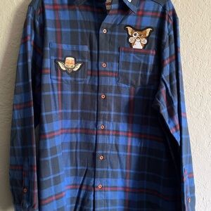 NWT Cakeworthy GREMLINS Blue Plaid Shirt with Patches
